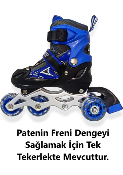 Çocuk Pateni Işıklı Çantalı Numara Ayarlanabilen Tek Sıra ve 2+1+1 Teker Paten Mavi Small 30-33