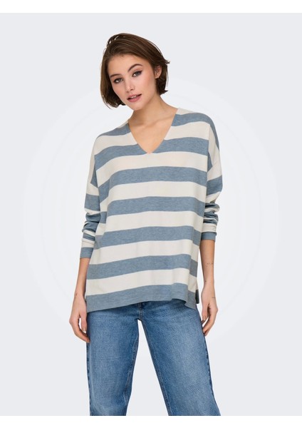 15354092 V Yaka Kadin Triko - Mavi Cizgili