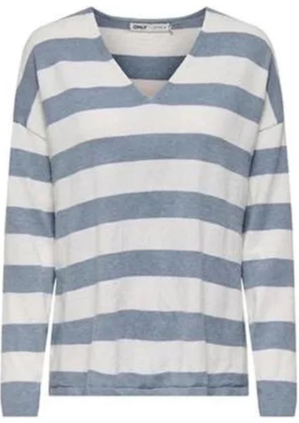 15354092 V Yaka Kadin Triko - Mavi Cizgili indirimleri