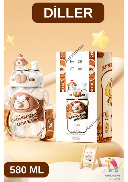 Diller Çift Kullanım Pipetli/rahat Içim Boyun Askılı Capybara Model 580 ml