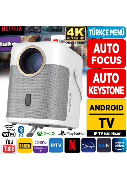 H300A Androidtv 4K Destekli Autofocus+Autokeystone Projeksiyon Cihazı,6g Wi-Fi+5.2bt Beyaz fiyatları