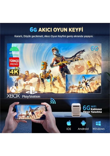 H300A Androidtv 4K Destekli Autofocus+Autokeystone Projeksiyon Cihazı,6g Wi-Fi+5.2bt Beyaz