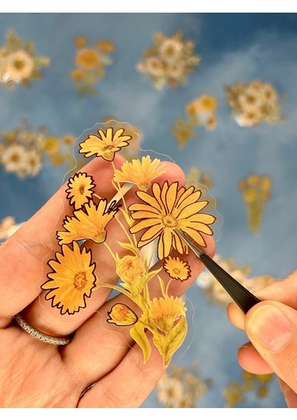 Holografik Efektli 20 Adet Papatya Çiçeği Desenli Sarı Renk Pet Sticker Seti/ Etiket / Çıkartma / Su Geçirmez modelleri