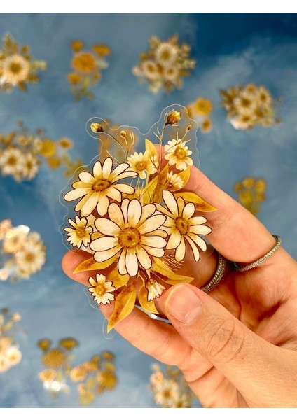 Holografik Efektli 20 Adet Papatya Çiçeği Desenli Sarı Renk Pet Sticker Seti/ Etiket / Çıkartma / Su Geçirmez fırsatları