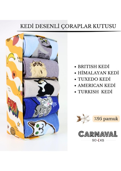 Kedi Desenli Renkli 5'li Unisex Çorap Kutusu