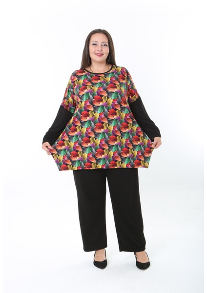 Kadın Likralı Yünlü Viskon Ön Desenli Büyük Beden Tunik