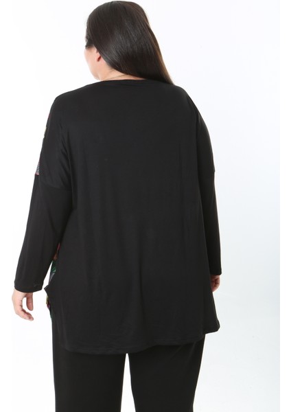 Kadın Likralı Yünlü Viskon Ön Desenli Büyük Beden Tunik