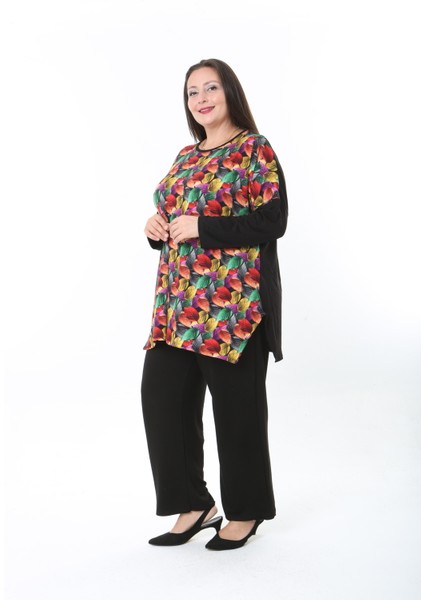 Kadın Likralı Yünlü Viskon Ön Desenli Büyük Beden Tunik