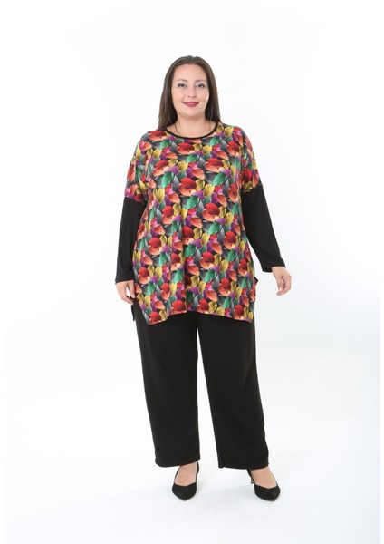 Kadın Likralı Yünlü Viskon Ön Desenli Büyük Beden Tunik