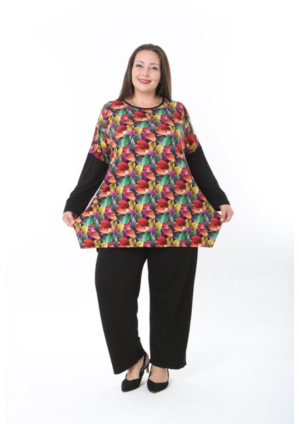 Kadın Likralı Yünlü Viskon Ön Desenli Büyük Beden Tunik