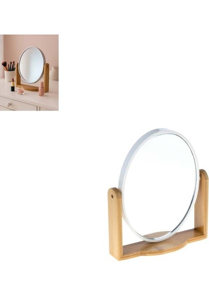Bambu Ahşap Standlı Çift Yönlü 360° Dönen Plastik Çerçeveli Ayna El Tıraş Makyaj Vb. Aynası Orta Boy Oval Ayna (1 Adet)