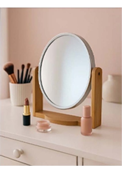 Bambu Ahşap Standlı Çift Yönlü 360° Dönen Plastik Çerçeveli Ayna El Tıraş Makyaj Vb. Aynası Orta Boy Oval Ayna (1 Adet) modelleri