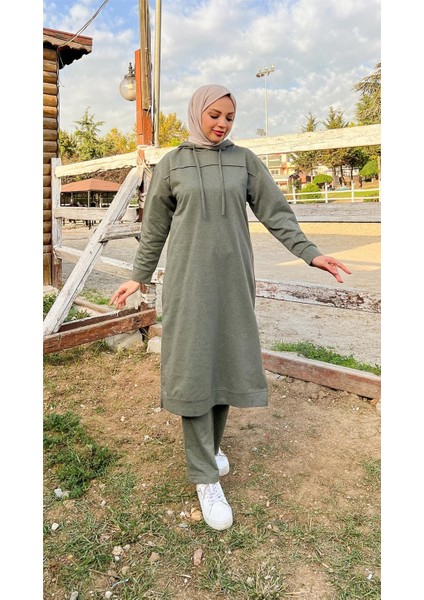 Uzun Tunik Kapşonlu Kenardan Yırtmaçlı Ikili Spor Takım - 03034-1.005 - Haki fırsatları