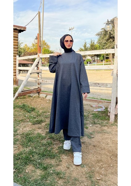 O Yaka Yırtmançlı Uzun Geniş Rahat Tunik Pantolon Sade Basic Spor Takımı - 03040-1.017 - Antrasit fırsatları