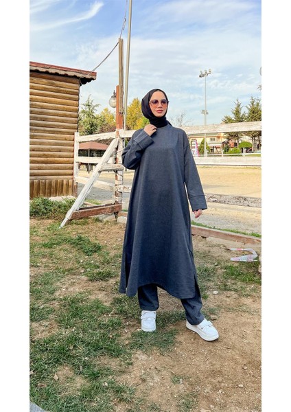 O Yaka Yırtmançlı Uzun Geniş Rahat Tunik Pantolon Sade Basic Spor Takımı - 03040-1.017 - Antrasit indirimleri