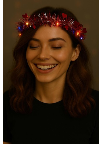 Kalp Püsküllü 3 Modlu LED Işıklı Taç Kırmızı Renk fiyatları