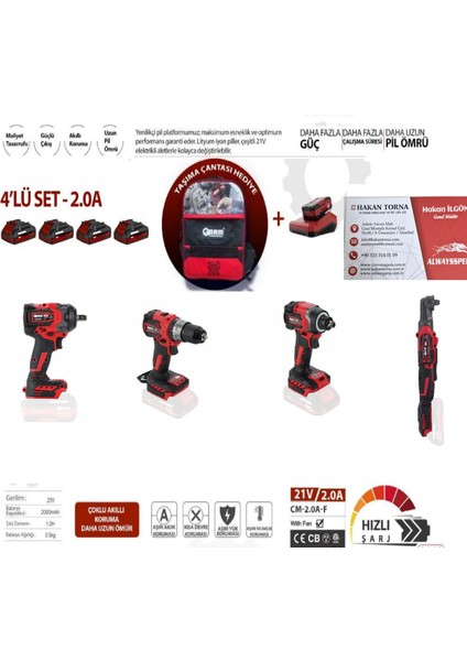 - Arm Şarjlı Matkap Şarjlı Somun Sökme Şarjlı Cırcır 4'lü Set