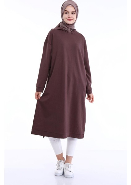 Atlas Kapşonlu Uzun Sade Basic Sweatshirt - 03007-1.028 - Kahverengi