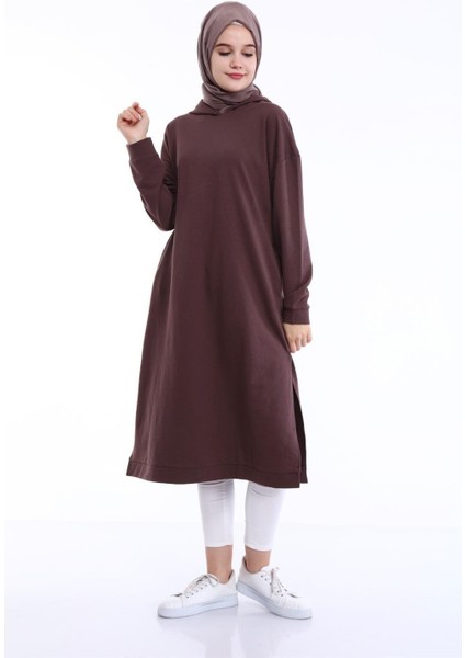 Atlas Kapşonlu Uzun Sade Basic Sweatshirt - 03007-1.028 - Kahverengi modelleri