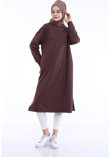 Atlas Kapşonlu Uzun Sade Basic Sweatshirt - 03007-1.028 - Kahverengi fırsatları