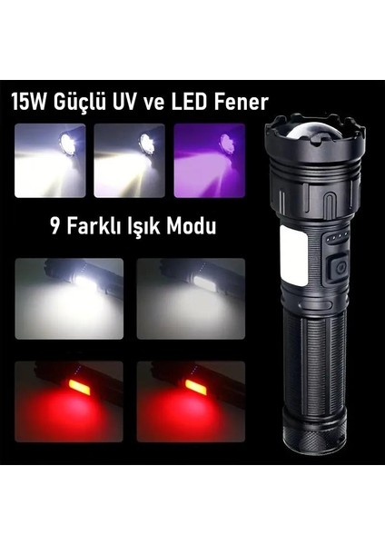 15W LED + Uv El Feneri 3000MAH Şarjlı 9 Mod Zoom Powerbank Özellikli Suya Dayanıklı Fener fiyatları