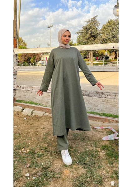 O Yaka Yırtmançlı Uzun Geniş Rahat Tunik Pantolon Sade Basic Spor Takımı - 03040-1.005 - Haki