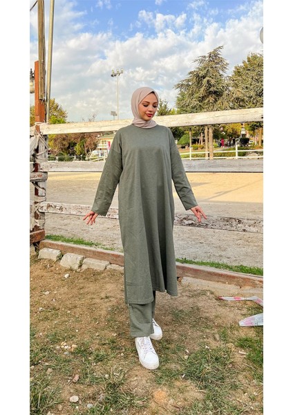 O Yaka Yırtmançlı Uzun Geniş Rahat Tunik Pantolon Sade Basic Spor Takımı - 03040-1.005 - Haki fiyatları