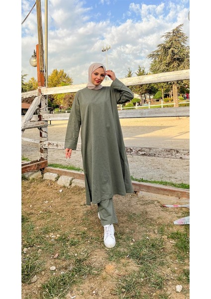 O Yaka Yırtmançlı Uzun Geniş Rahat Tunik Pantolon Sade Basic Spor Takımı - 03040-1.005 - Haki fırsatları