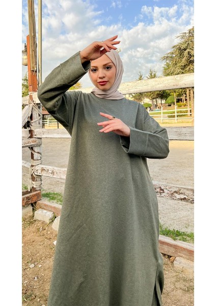 O Yaka Yırtmançlı Uzun Geniş Rahat Tunik Pantolon Sade Basic Spor Takımı - 03040-1.005 - Haki indirimleri