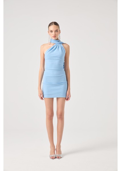 Şal Yaka Sırt Dekolteli Simli Mini Bella Elbise Mavi