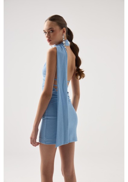 Şal Yaka Sırt Dekolteli Simli Mini Bella Elbise Mavi fiyatları