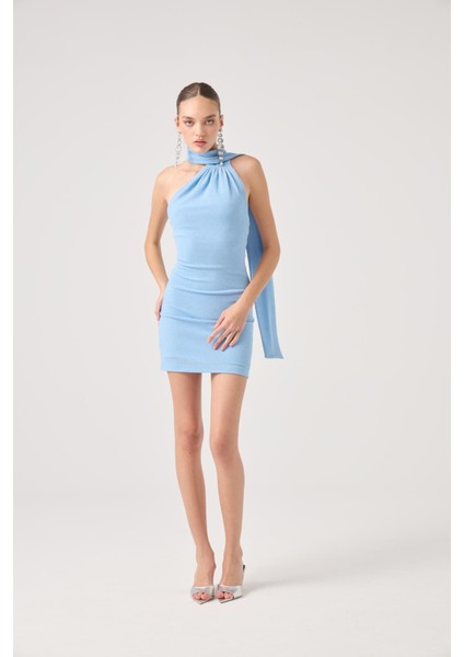 Şal Yaka Sırt Dekolteli Simli Mini Bella Elbise Mavi modelleri