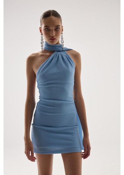 Şal Yaka Sırt Dekolteli Simli Mini Bella Elbise Mavi fırsatları