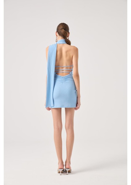 Şal Yaka Sırt Dekolteli Simli Mini Bella Elbise Mavi indirimleri