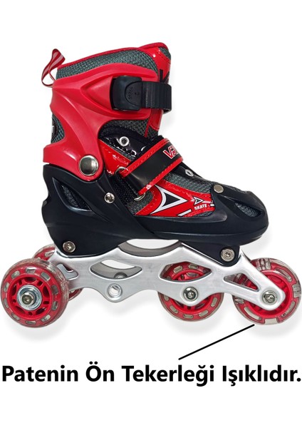 Çocuk Pateni Işıklı Çantalı Numara Ayarlanabilen Tek Sıra ve 2+1+1 Teker Paten Kırmızı Small 30-33 modelleri