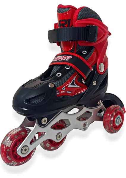 Çocuk Pateni Işıklı Çantalı Numara Ayarlanabilen Tek Sıra ve 2+1+1 Teker Paten Kırmızı Small 30-33