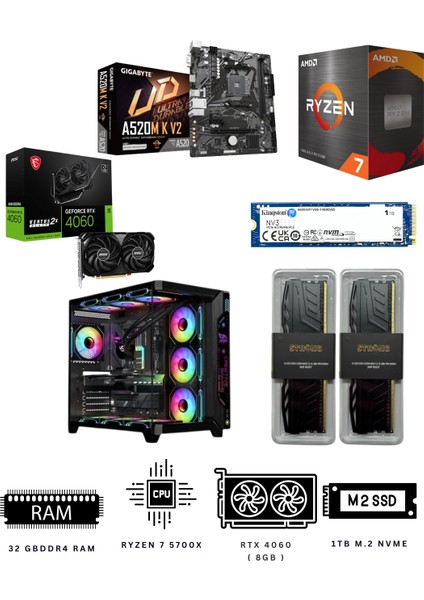 Black Pearl 32X Ryzen 7 5700X 32GB Ddr4 1tb Nvme M.2 RTX4060 Ekran Kartlı Oyuncu Bilgisayarı