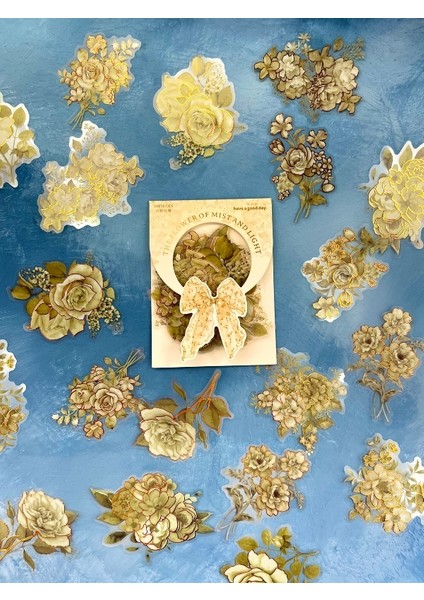 Holografik Efektli Yaldızlı 20 Adet Gül Çiçeği Desenli Yeşil Renk Pet Sticker Seti/ Etiket/ Çıkartma