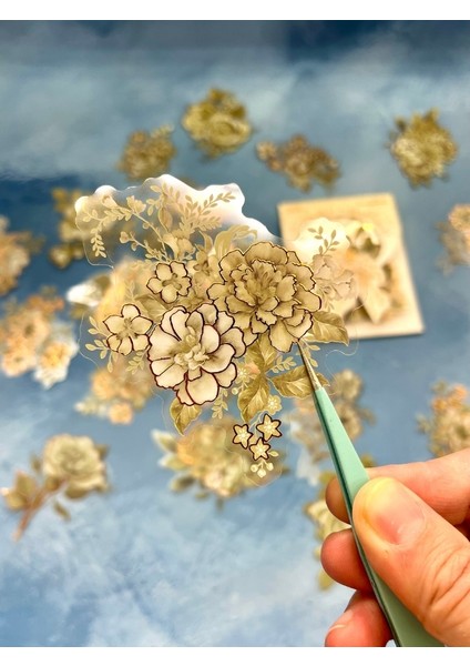 Holografik Efektli Yaldızlı 20 Adet Gül Çiçeği Desenli Yeşil Renk Pet Sticker Seti/ Etiket/ Çıkartma fırsatları