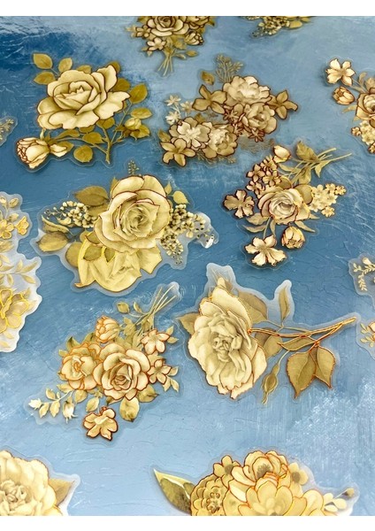 Holografik Efektli Yaldızlı 20 Adet Gül Çiçeği Desenli Yeşil Renk Pet Sticker Seti/ Etiket/ Çıkartma indirimleri