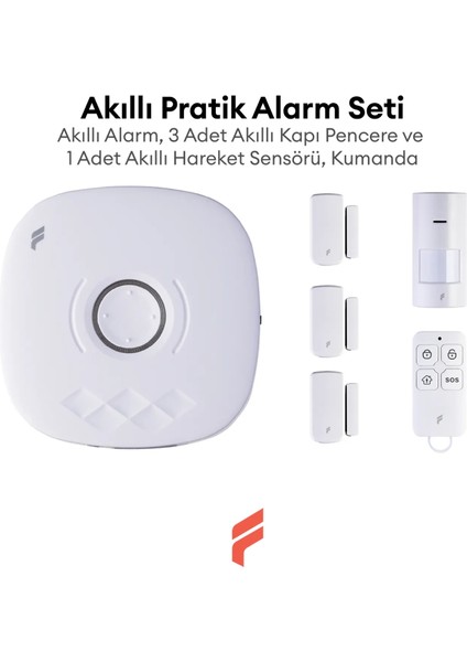 Akıllı Pratik Alarm Seti; Akıllı Alarm, 3x Akıllı Kapı Pencere ve 1x Akıllı Hareket Sensörü, Kumanda