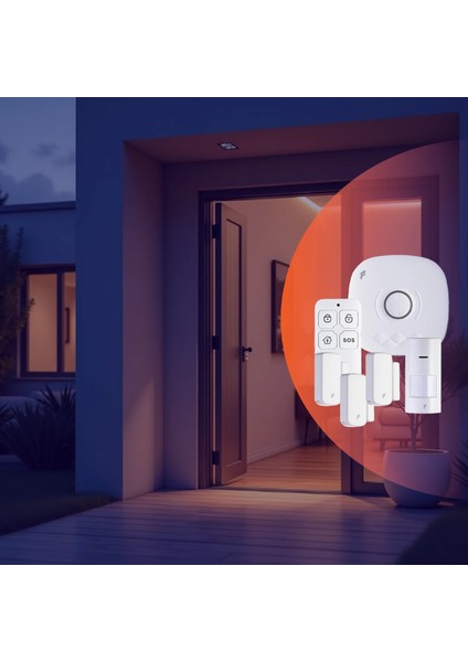 Akıllı Pratik Alarm Seti; Akıllı Alarm, 3x Akıllı Kapı Pencere ve 1x Akıllı Hareket Sensörü, Kumanda