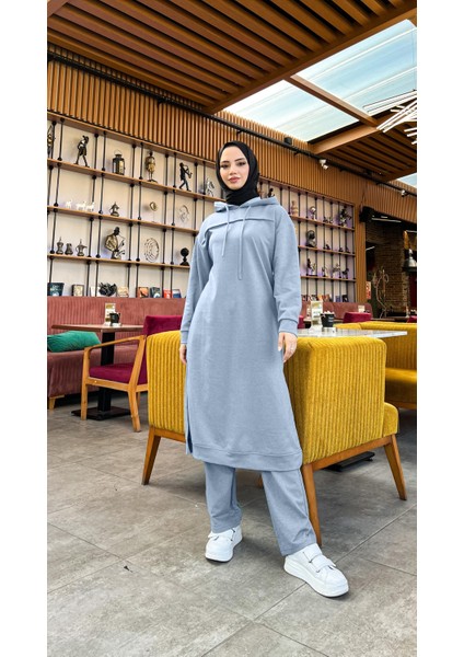 Uzun Tunik Kapşonlu Kenardan Yırtmaçlı Ikili Spor Takım - 03034-1.006 - Indigo