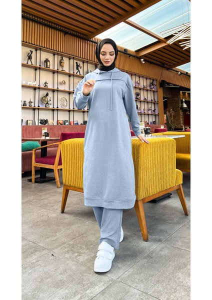 Uzun Tunik Kapşonlu Kenardan Yırtmaçlı Ikili Spor Takım - 03034-1.006 - Indigo fiyatları