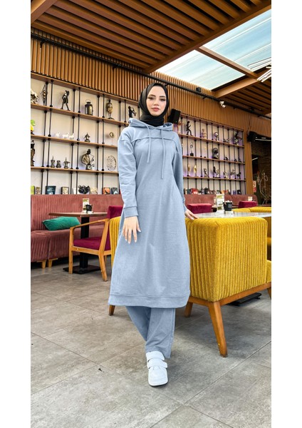 Uzun Tunik Kapşonlu Kenardan Yırtmaçlı Ikili Spor Takım - 03034-1.006 - Indigo modelleri