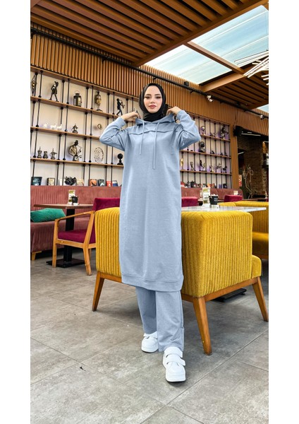 Uzun Tunik Kapşonlu Kenardan Yırtmaçlı Ikili Spor Takım - 03034-1.006 - Indigo fırsatları
