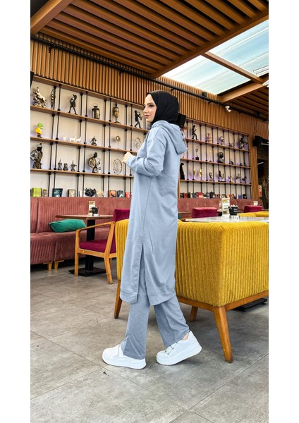 Uzun Tunik Kapşonlu Kenardan Yırtmaçlı Ikili Spor Takım - 03034-1.006 - Indigo indirimleri