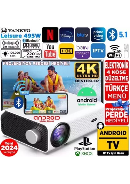 Leisure 495W Android Tv 4K Destekli Projeksiyon Cihazı 5gwi-Fi+5.2 Bluetooth 220 Inç Yansıtma Dolby Ses Sistemi