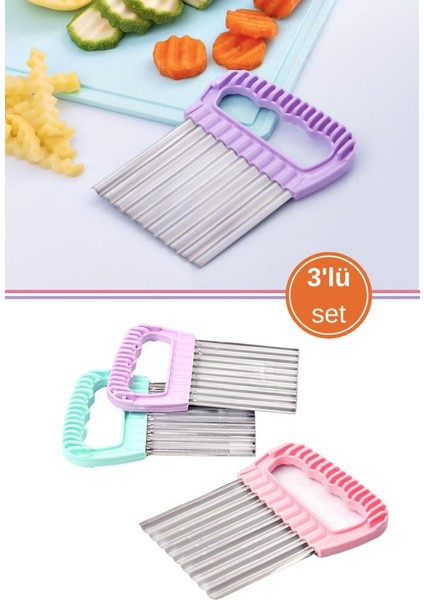 3 Adet Tırtıklı Cips Doğrayıcı, Paslanmaz Şekilli Sebze Meyve Salatalık Patates Dilimleyici 3’lü Set
