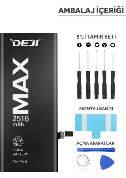 iPhone 6S Batarya 2516mAh Li-Ion Silikon Anot Teknolojili, Apple Uyumlu Orijinal ve Yüksek Performanslı Pil